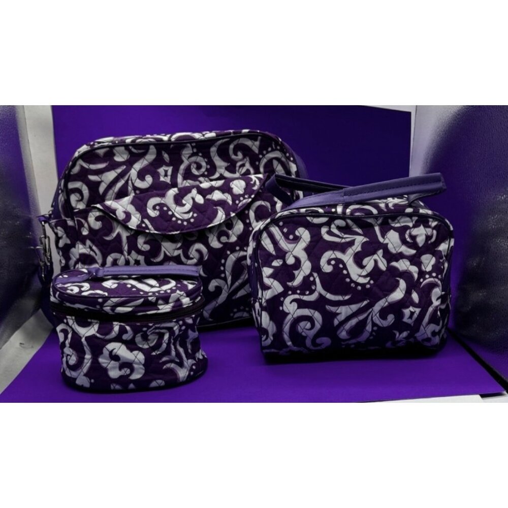 Woman Within 3-Piece Overnighter Purple‎ & White Floral Zippered Travel Bag Set